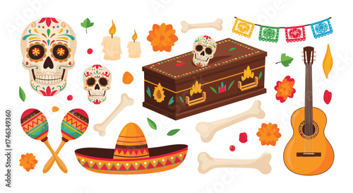 A collection of traditional Day of the Dead celebration elements including skulls maracas and a guitar.