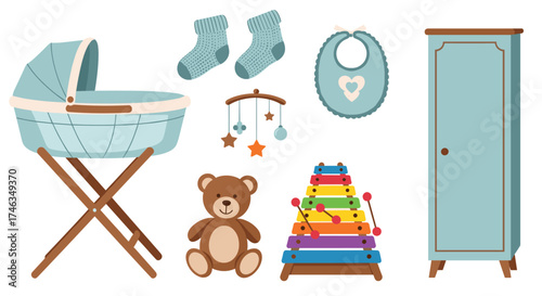 A collection of baby nursery items including a cradle a wardrobe and toys.