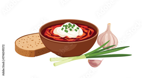 A hearty bowl of borsch with crusty bread and fresh vegetables.