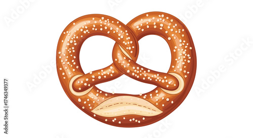 A freshly baked pretzel with coarse salt crystals on its golden brown surface.