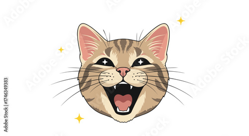 An extremely happy and excited tabby cat with its mouth open wide and sparkles around its head.
