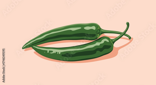 Two fresh green jalapeño peppers on a light colored background with soft shadows.