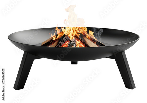 Burning fire pit with flames and wood outdoor hearth for cozy evenings isolated on transparent background