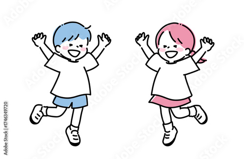 シンプル線画　ジャンプする男の子と女の子　