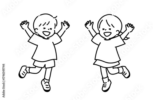 シンプル線画（塗り無し）　ジャンプする男の子と女の子　