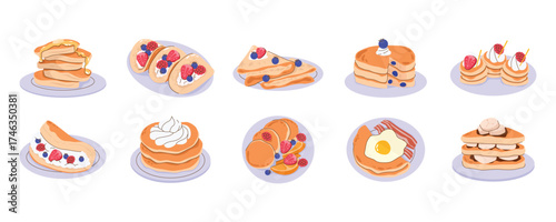 Pancakes With Syrup, Fruit Toppings And Whipped Cream On Plates. Pancakes Vector Set Collection
