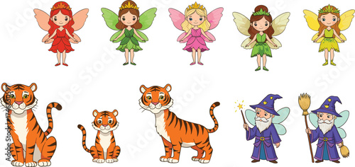 Cartoon fairies and wizards with tigers, fantasy characters illustration, magical design, storytelling art, colorful drawing, children’s theme, imaginative, lively, whimsical sketch
