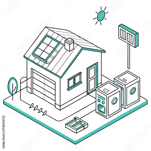 Solar power plant components illustration, solar cells, grid inverter, and energy system, isometric ecology vector design.