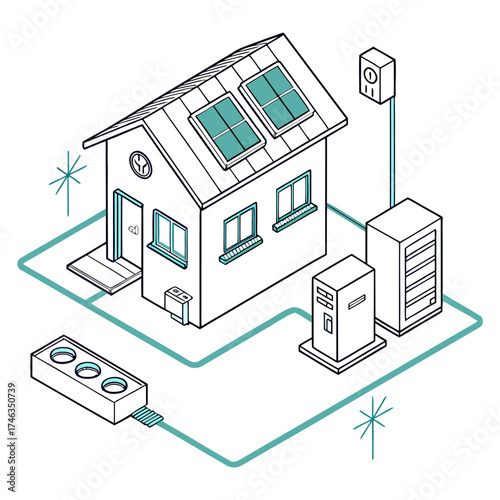Solar cell system with grid inverter and energy components, isometric vector illustration, ecology and sustainable power concept.