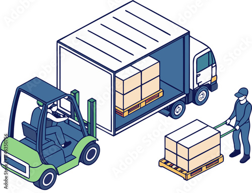 Loading pallets with cardboard boxes using forklift in warehouse, isometric illustration, delivery truck and logistics concept.