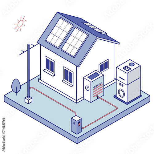 Solar energy system diagram showing solar cells, inverters, and components, isometric vector, sustainable power and ecology concept.