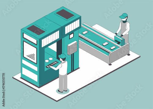 Factory maintenance concept, engineer addressing machine failure, worker performing industrial repair, isometric isolated vector illustration.