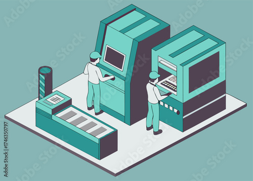 Industrial engineer repairing malfunctioning machine in factory, maintenance workflow illustration, isometric isolated vector concept.