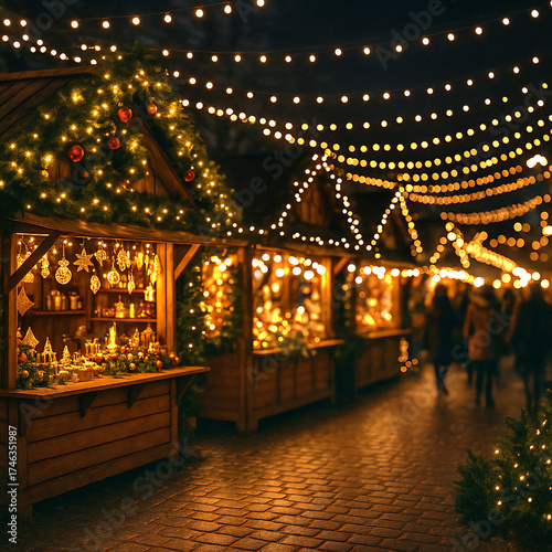 Festive outdoor Christmas market scene at night with glowing string lights and decorated stalls, creating a cozy winter holiday atmosphere.