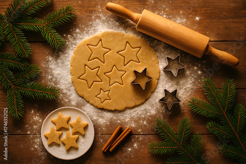 Top view of a rustic Christmas kitchen table with cookie dough, rolling pin, cookie cutters, flour dust, and pine branches. Perfect for holiday baking themes and cozy winter lifestyle content.