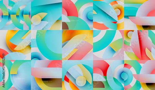 Abstract geometric composition. Colorful overlapping circles create dynamic visual texture. Modern design, vibrant hues, smooth gradients.