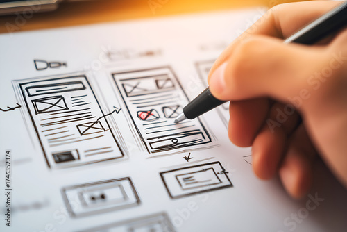 Hand Drawing Black Pen Sketches of Website Wireframes on Paper, motion blur Business concept, motion bokeh background