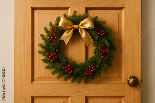 Minimalist Christmas wreath made of pine branches, red berries, and a golden ribbon hanging on a classic wooden door.
