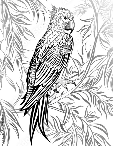 A black and white drawing of a parrot perched on a branch