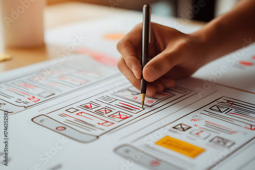 Hand Drawing Mobile App Design with Pen on Paper, Interface Sketch, motion blur Business concept, motion bokeh background