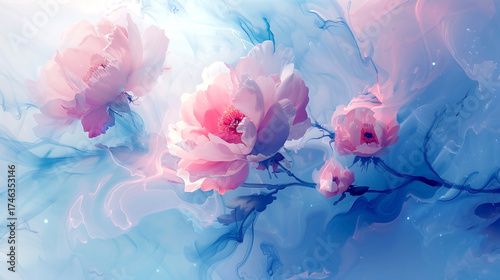 Wallpaper Mural A painting of three pink flowers on a blue background Torontodigital.ca