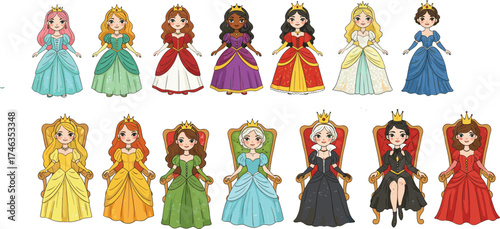 rincesses and queens illustration, royal characters, fantasy design, regal gowns, crowns, storytelling art, colorful drawing, children’s theme, imaginative, lively, educational sketch