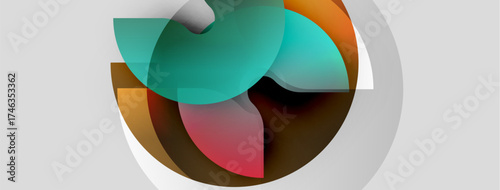 Abstract composition featuring overlapping translucent circles. Colors include teal, orange, red, brown, gray. Minimalist design, soft gradients present.