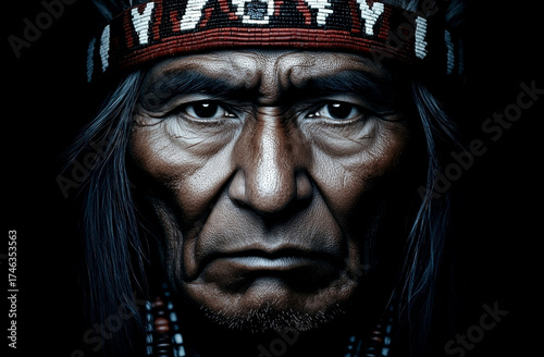 Wallpaper Mural Man with a red and white headband is staring at the camera. The image has a dark and moody atmosphere Torontodigital.ca