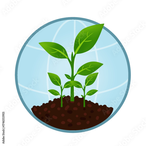 Minimalist vector illustration showing a tiny green seed sprouting inside a transparent globe. Symbol of sustainability, eco growth, and environmental protection.