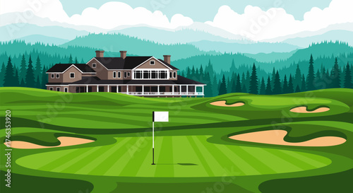 Scenic golf course illustration with a classic clubhouse nestled amidst lush green hills, pristine fairways, and a flagstick, ideal for sport and leisure