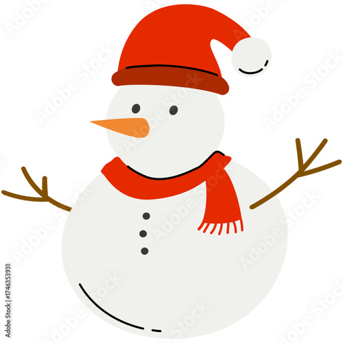 Happy snowman with red scarf and santa hat