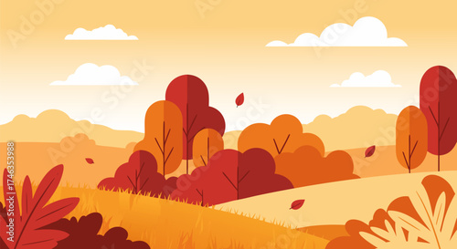 Vibrant autumnal landscape illustration featuring colorful fall trees, rolling hills, and falling leaves under a soft sky, capturing the essence of the season's beauty