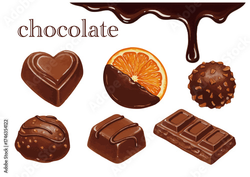 チョコレートのイラストセット、バレンタイン、手書きの水彩画１
