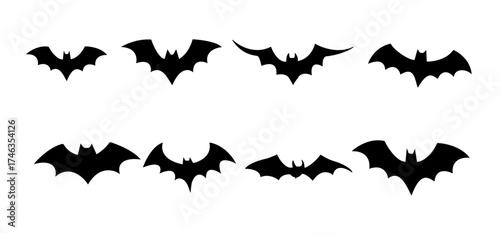 Set of silhouette black bat on white background symbol for halloween day. vector illustration
