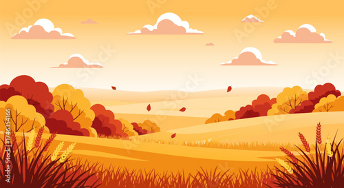 Vibrant autumn landscape illustration featuring colorful trees, rolling hills, and falling leaves under a warm, serene sky, ideal for seasonal design