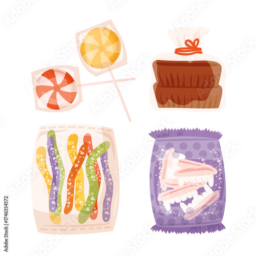 Collection of Halloween candies and sweets. Lollipops, peanut butter cups, jelly worms and teeth.
