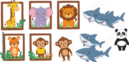Cartoon animals illustration, giraffe elephant lion tiger monkey panda shark, children’s design, wildlife art, educational activity, classification, colorful, playful, lively drawing