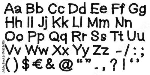 A complete uppercase and lowercase English alphabet with punctuation and common symbols, rendered in a hand-drawn style that looks like it was written with a thick marker or crayon. This typeface is i