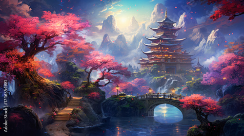 A vintage bus travels along a tranquil waterway at sunset, framed by lush trees and colorful flowers. The skyline glows in the background, creating a magical atmosphere.