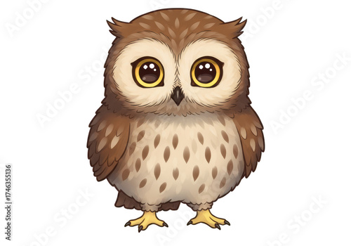 Cute baby owl cartoon character with big eyes and fluffy feathers for childrens content isolated on transparent background