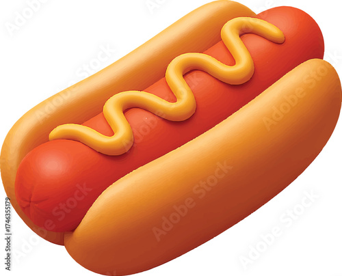 Delicious 3D hot dog with mustard, perfect for food blogs, restaurant menus, and fast food promotions, conveying fun, taste, and culinary delight