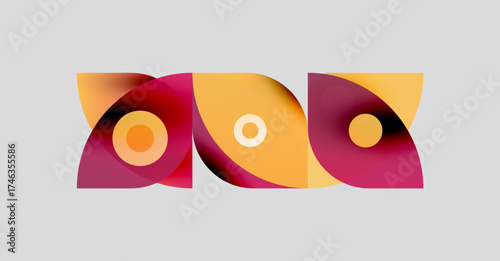 Abstract shapes overlap, creating vibrant color patterns. Warm tones dominate design, suggesting energy, movement. Simple background enhances visual impact.