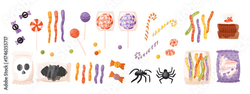 Gummy vector candies, jelly sweets set. Chewy fruit gums, lollipops, marmalades of worm, teeth and  bubble shapes. Sugar food, gelatin snacks. Cute chewable Halloween confectionery.