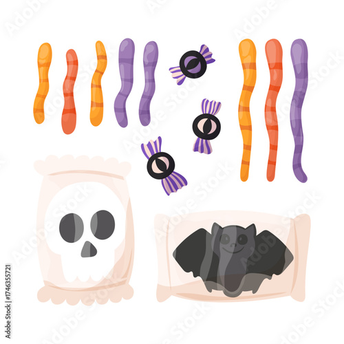 Gummy candies, jelly sweets set. Chewy fruit gummy worms, fun candy eyes and marshmallow skull. Sugar food, gelatin snacks. Cute chewable Halloween confectionery. Vector illustration.