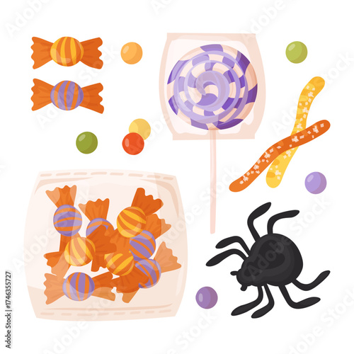 Gummy candies, jelly sweets set. Chewy fruit gums, lollipops, marmalades of worm and  bubble shapes. Sugar food, gelatin snacks. Cute chewable Halloween confectionery. Vector illustration.