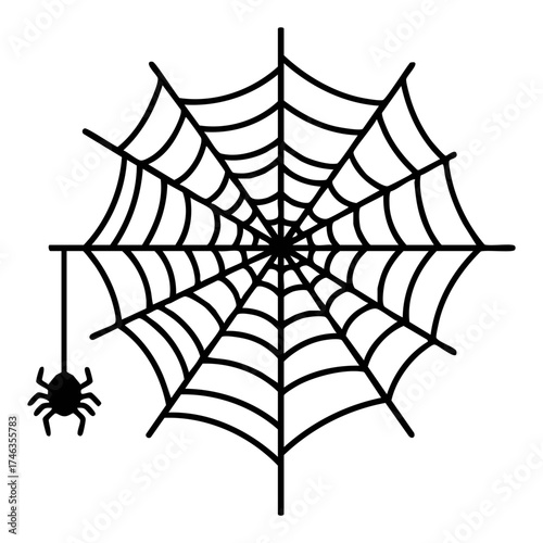 A black outline drawing of a spider web with a spider hanging from the side