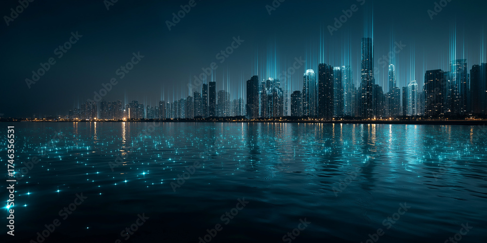 Fototapeta premium Exploring digital privacy legislation a futuristic cityscape reflection urban environment night viewpoint technology concept