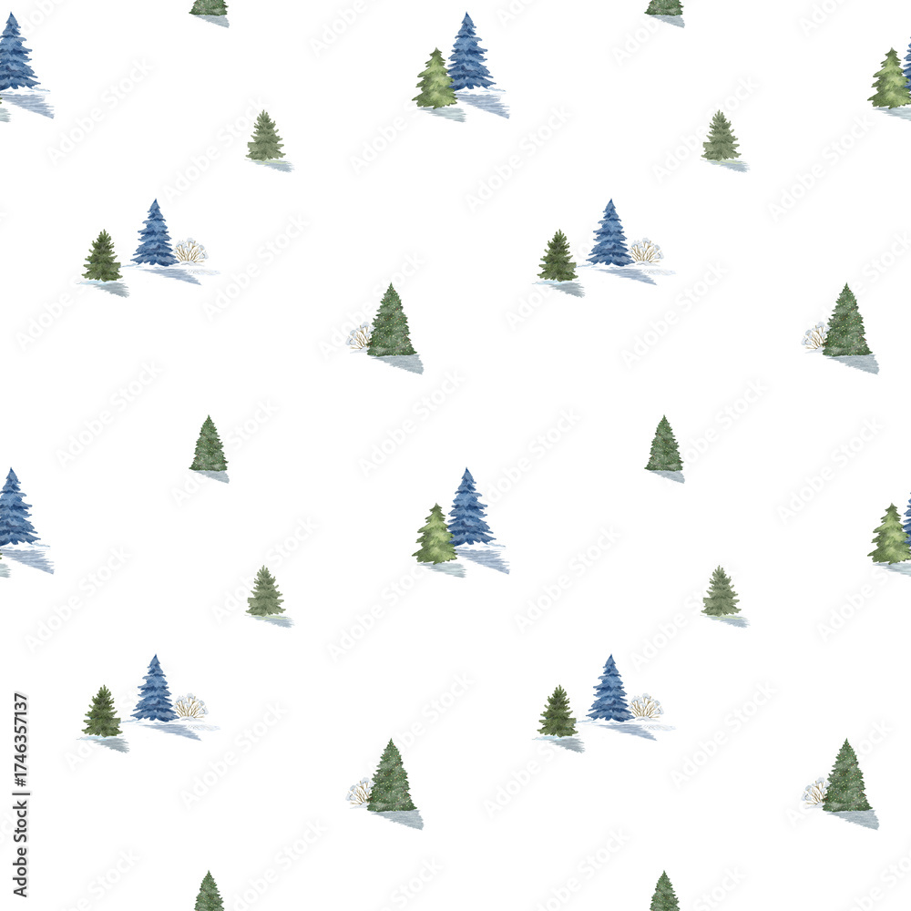 Obraz premium Seamless watercolor pattern of winter pine trees with shadows. Hand-painted Christmas trees on snow, perfect for fabric, wrapping paper, and holiday designs.