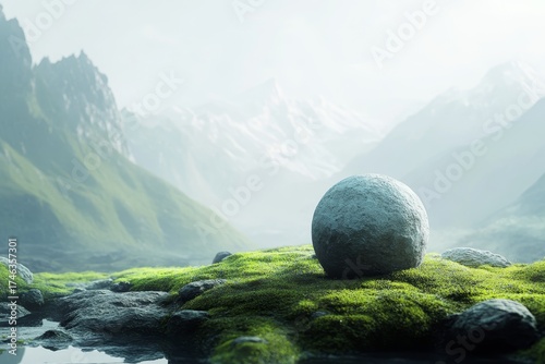 Large boulder sits on a grassy hillside in front of a mountain range. The scene is serene and peaceful, with the boulder appearing to be a natural part of the landscape