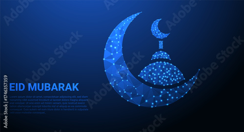 Eid al Adha Greeting Card with Polygonal Crescent and Stars. Futuristic Islamic Holiday Symbol and Low Poly Design
